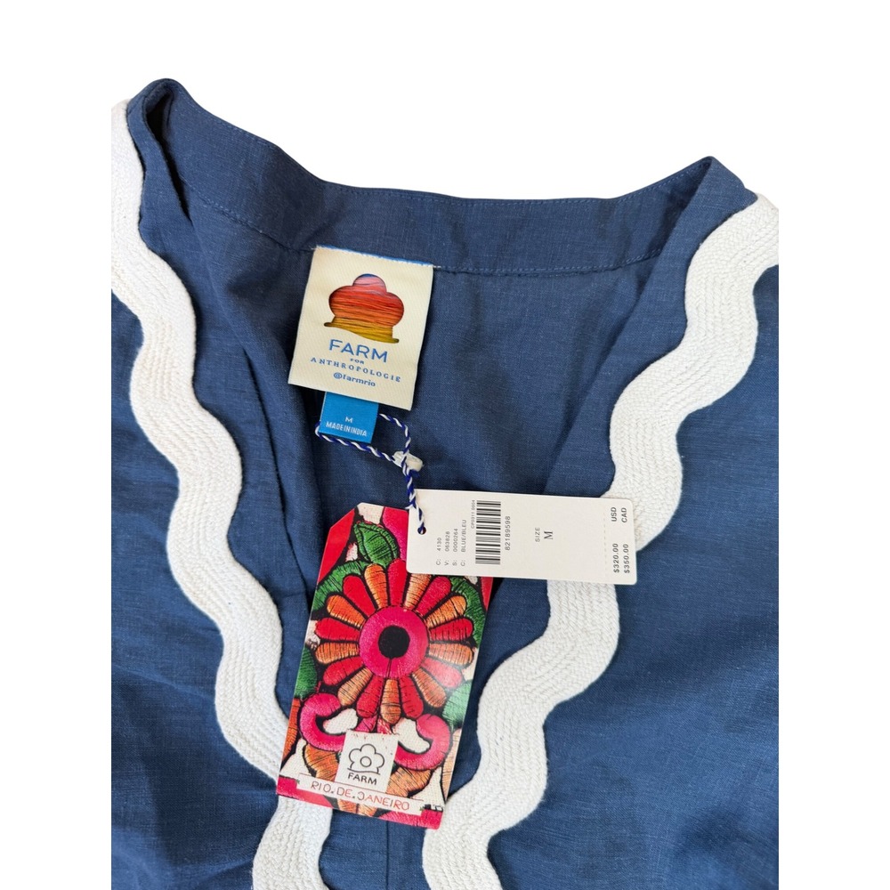 Farm Rio Anthropologie Blue Linen Blend Embroidered Pineapple Maxi Dress M NWT - Picture 3 of 5